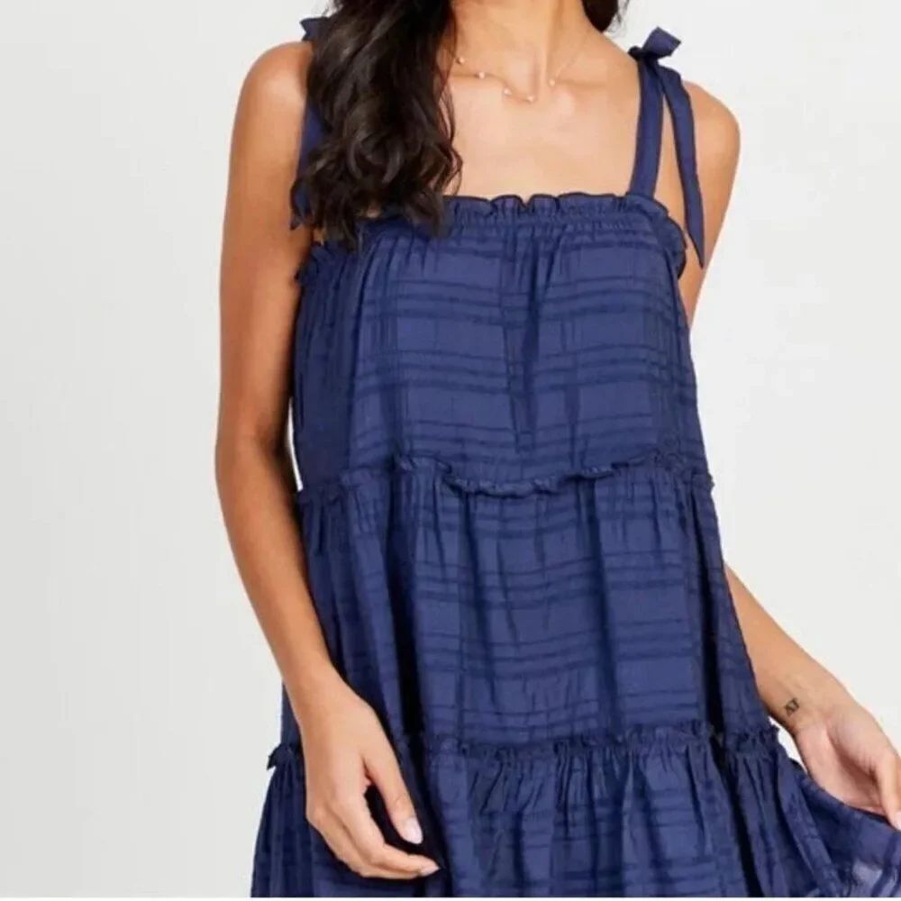 Altar'd State Hallie Blue tiered tie strap mini dress, size M